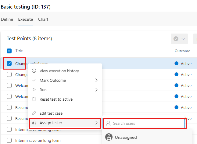 Screenshot shows a test case selected with the Assign tester menu option selected and Search users highlighted.