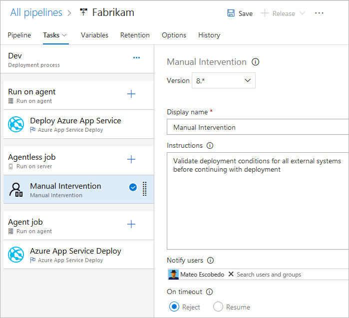 Configuring a manual intervention step