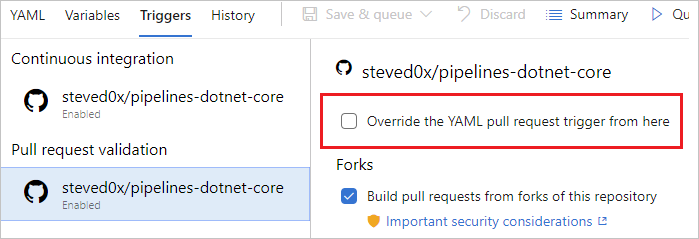 Override YAML trigger from here.