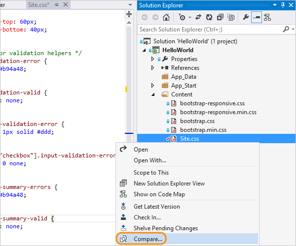Compare in the solution explorer's context menu
