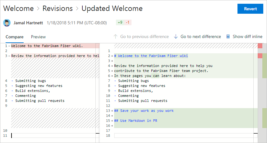 Screenshot of article revisions compared side-by-side. The article is in Markdown.