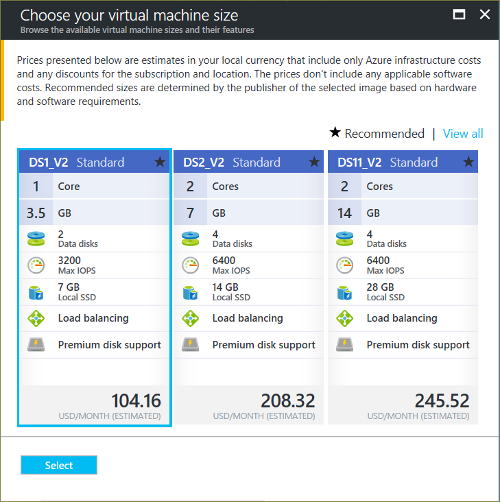 Schermafbeelding van de blade Grootte, waarop de groottes worden getoond die u kunt selecteren voor een virtuele machine in Azure