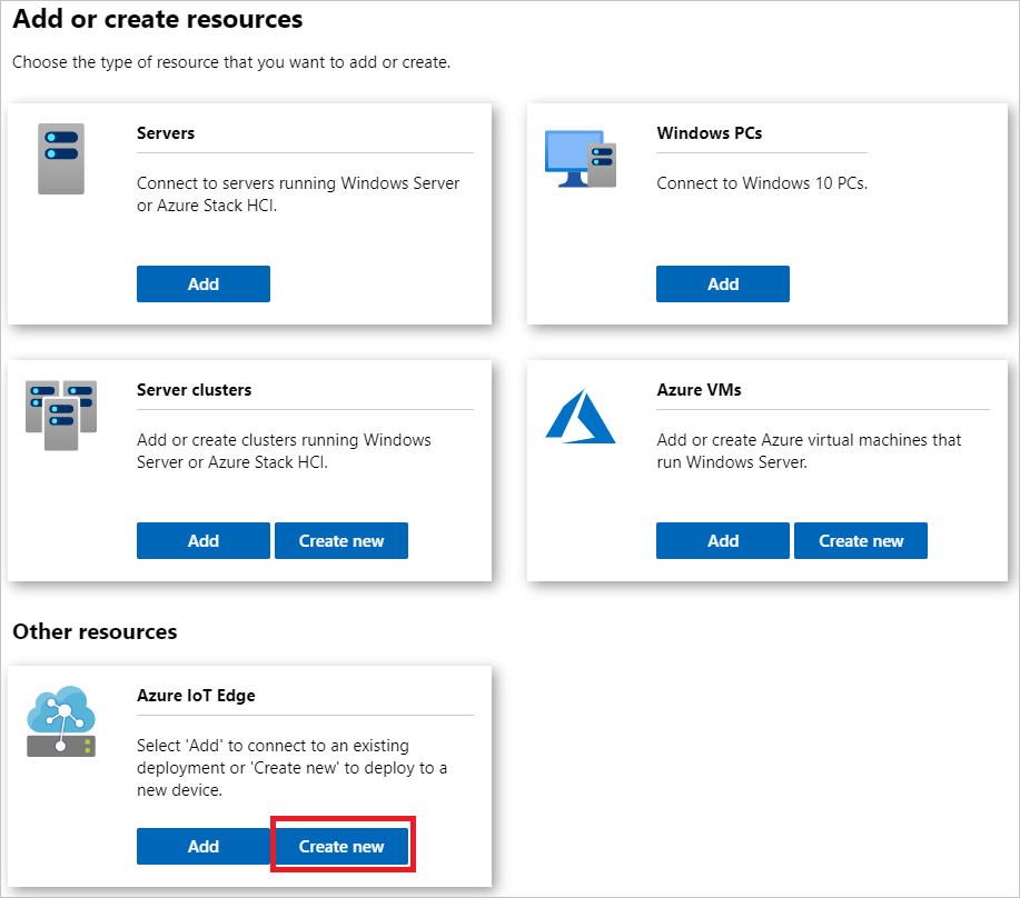 Selecteer De tegel Nieuw maken in Azure IoT Edge in het Windows-beheercentrum, PNG.