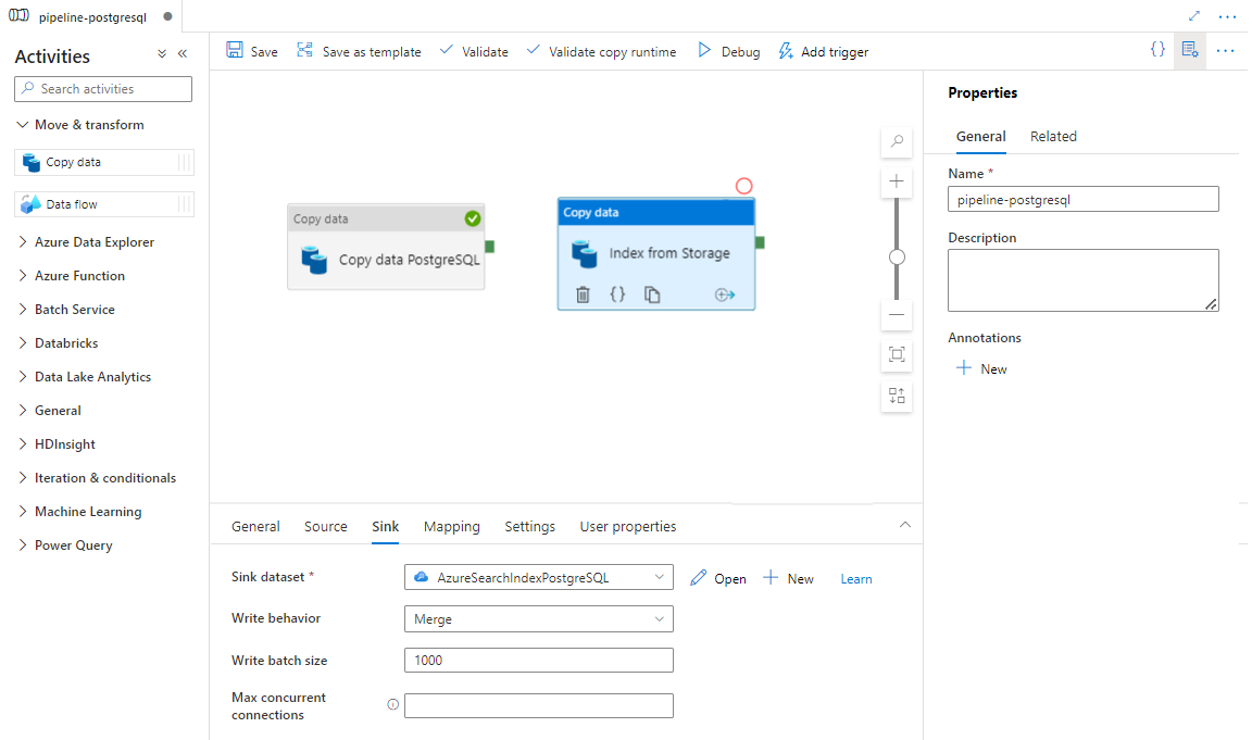 Schermopname die laat zien hoe u sink configureert voor indexering vanuit Storage naar Azure Cognitive Search index.