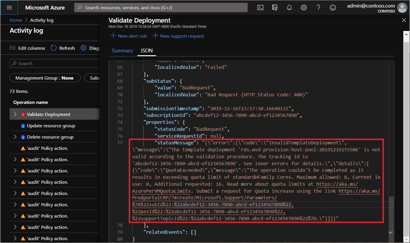 Schermopname van mislukte activiteit, met een rood vak rond de eigenschap statusMessage van de JSON-tekst.