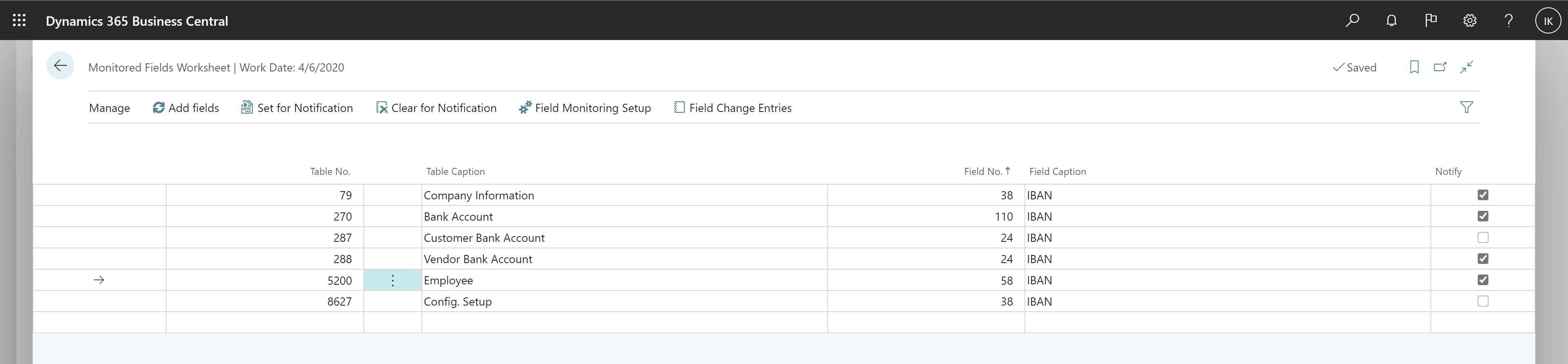 Shows monitored fields worksheet page