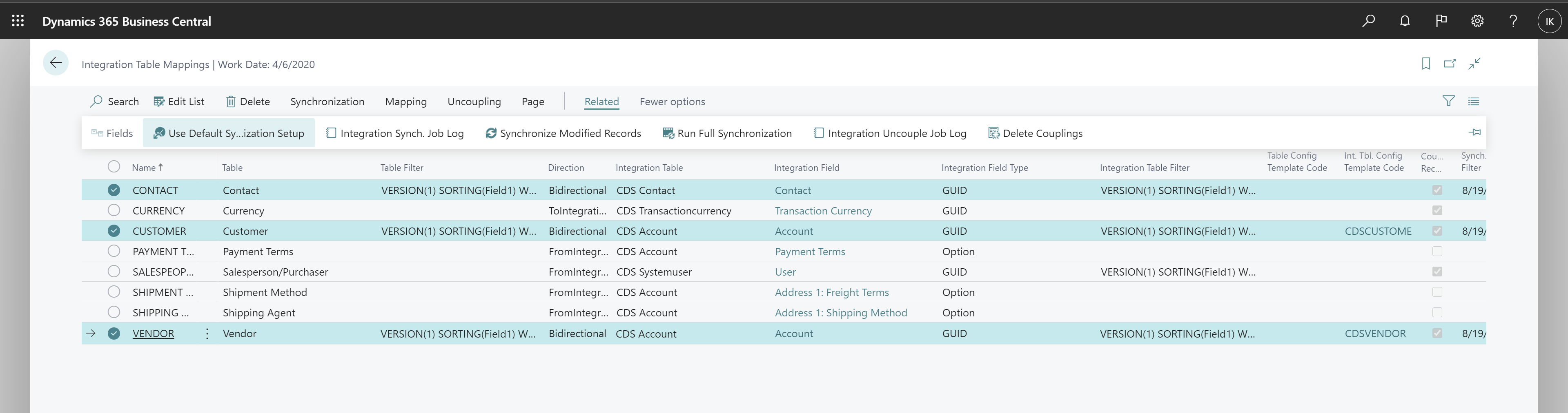 The Use Default Synchronization Setup action in Integration Table Mappings page