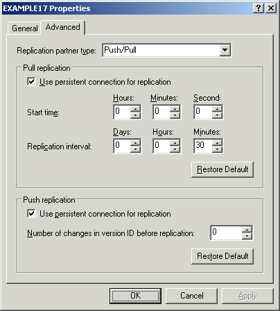 Figure 12-9 The Advanced tab for the properties of a WINS replication partner