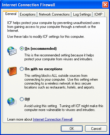 Figure 13-12 The Windows Firewall dialog box in Windows XP with SP2