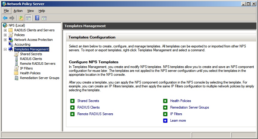 The Templates Management node in the Network Policy Server snap-in