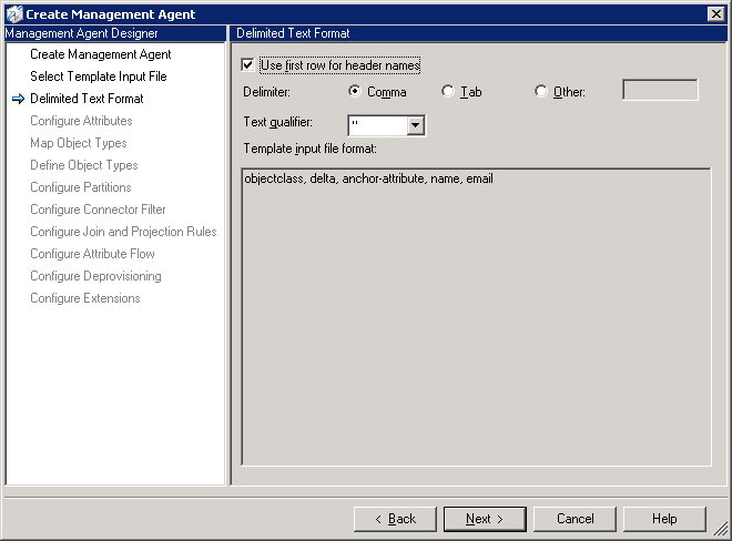 The Configure Delimited Text Format page