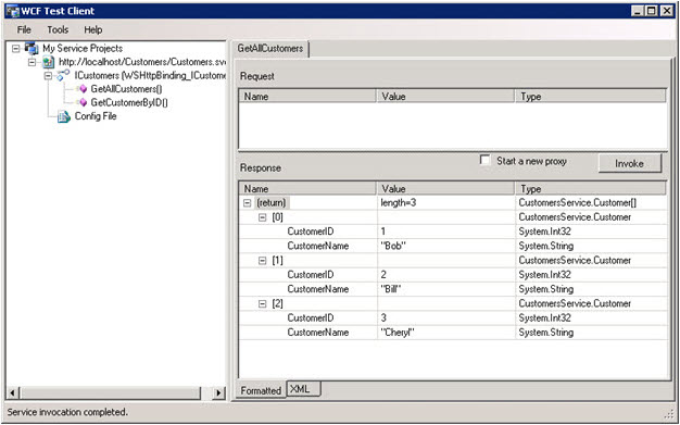 WCF test client showing data