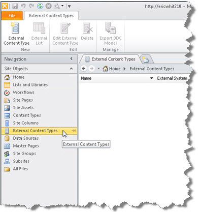 External Content Type in the Site Objects list