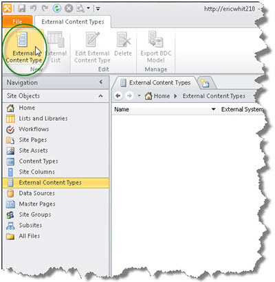 External Content Type button on ribbon