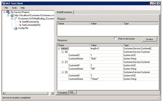 WCF Test Client showing data