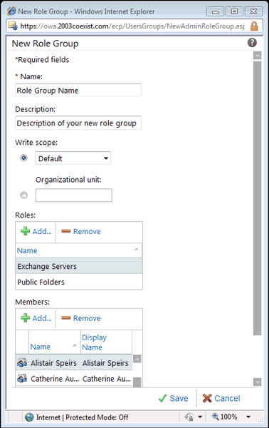 New Role Group dialog in ECP