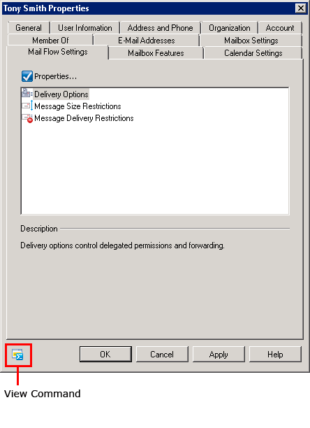 Property box with "View Command" icon highlighted