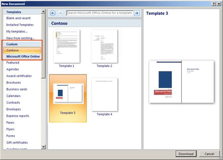 New Document dialog box with custom templates