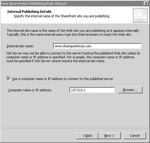 Internal Publishing Details window