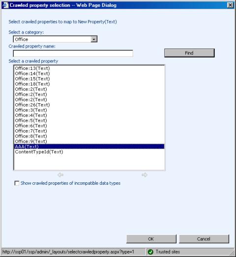 Crawled property selection - Web page dialog