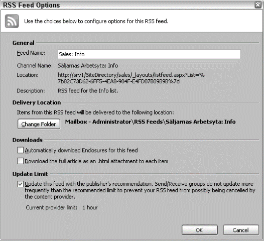 RSS configuration dialog box