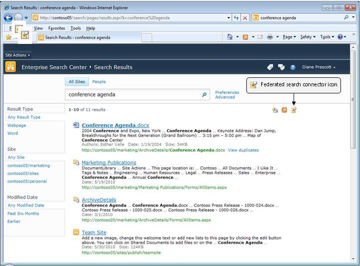 Federated search connector icon on SharePoint site