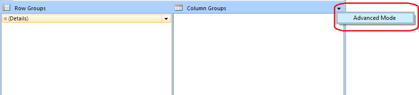 Grouping Pane with Advanced Mode menu