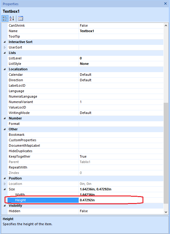 Properties Pane for a cell