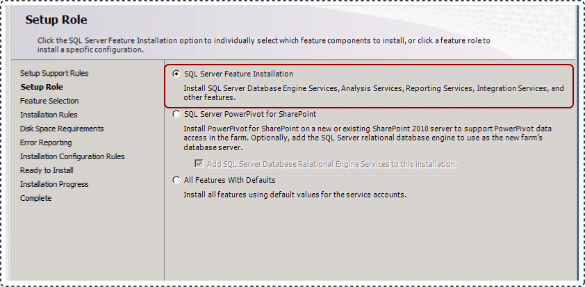 SQL Server Feature Installation for setup role