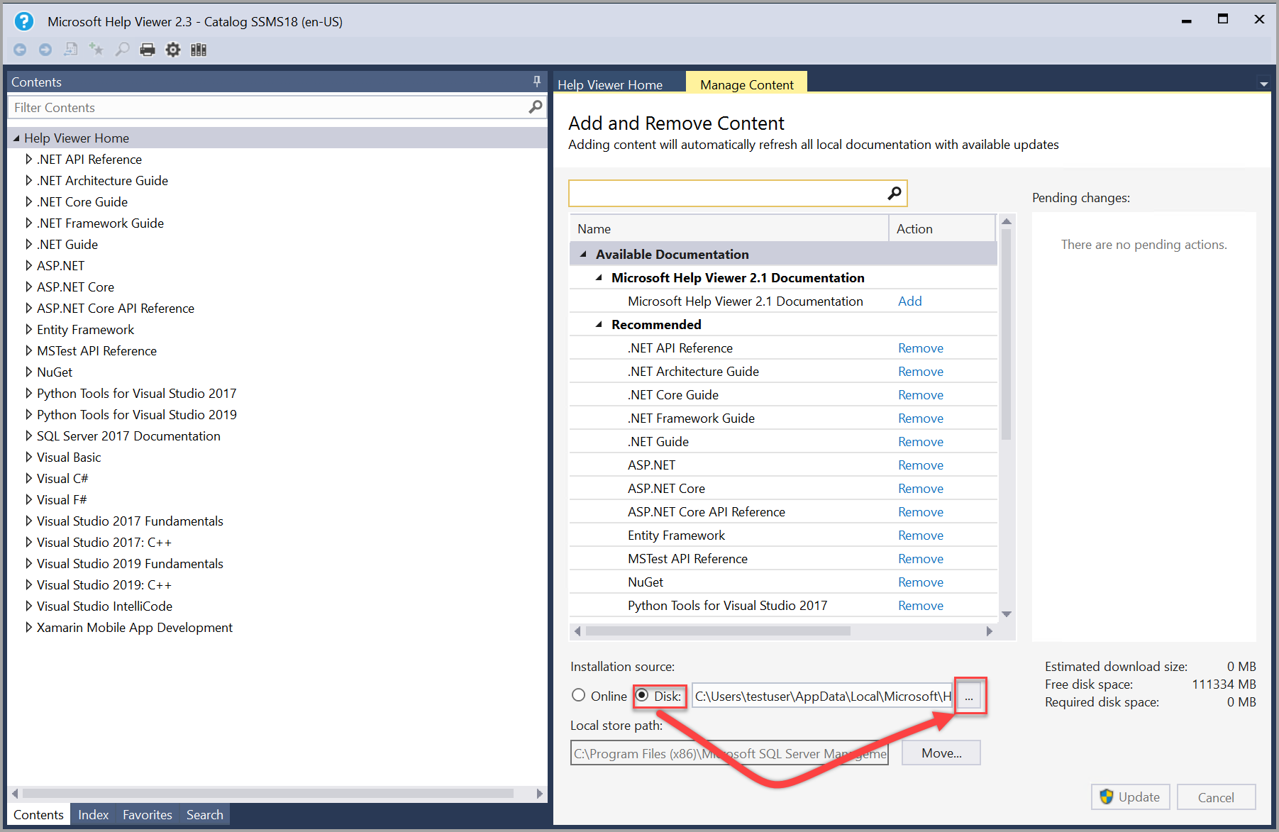 Help Viewer Manage Content Disk Source