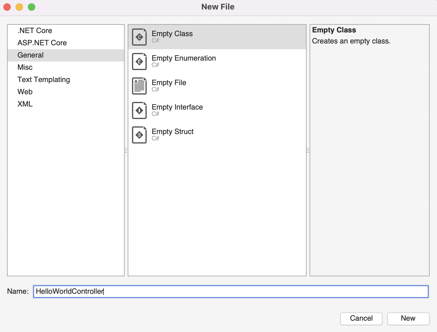 Screenshot of a New File dialog while adding a controller.