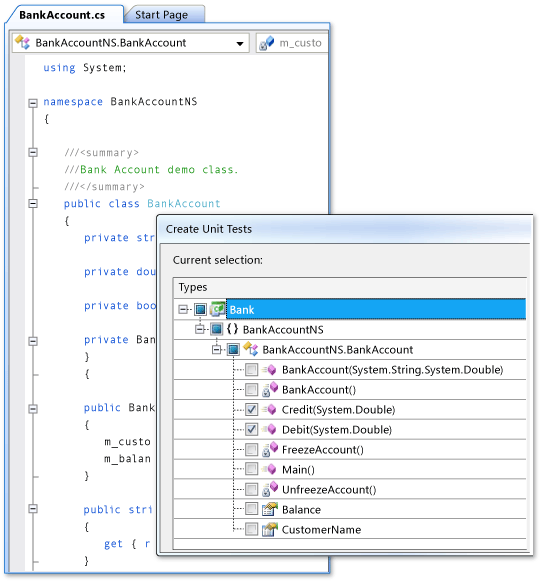 Create Unit Tests dialog box