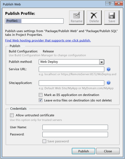 Publish Profile dialog box