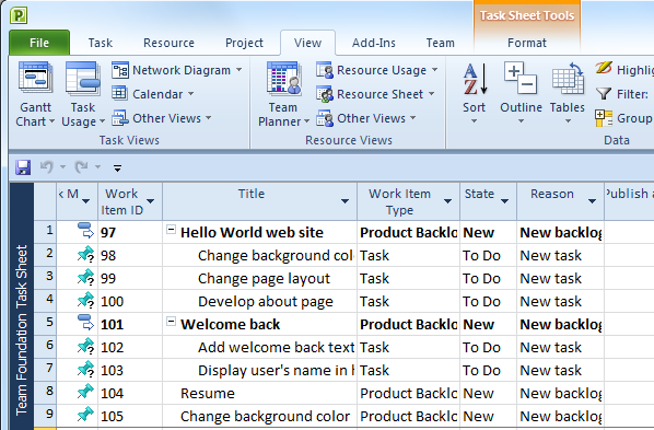 Team Foundation Task Sheet view