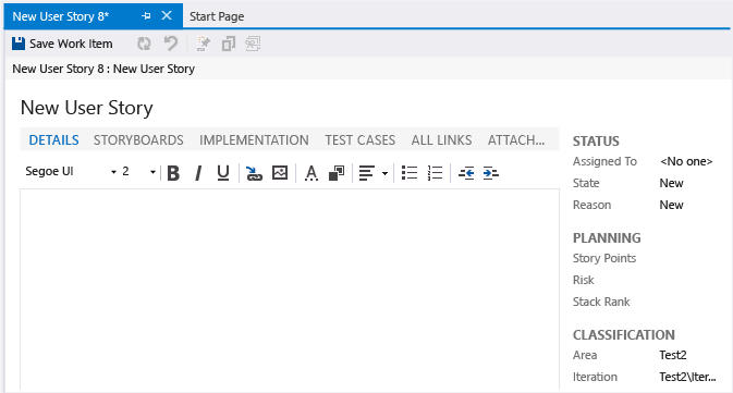 Work Item Form for a User Story