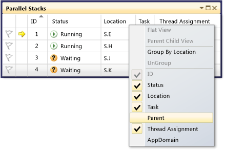 Parallel Tasks columnheader menu