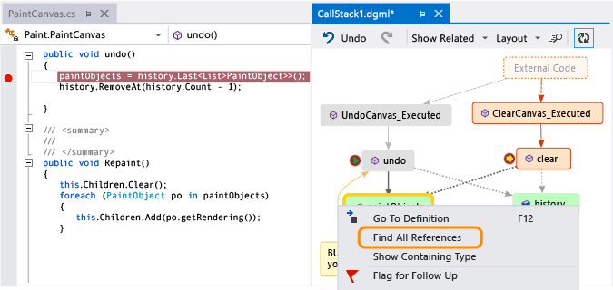 See methods that use a field: call stack code map