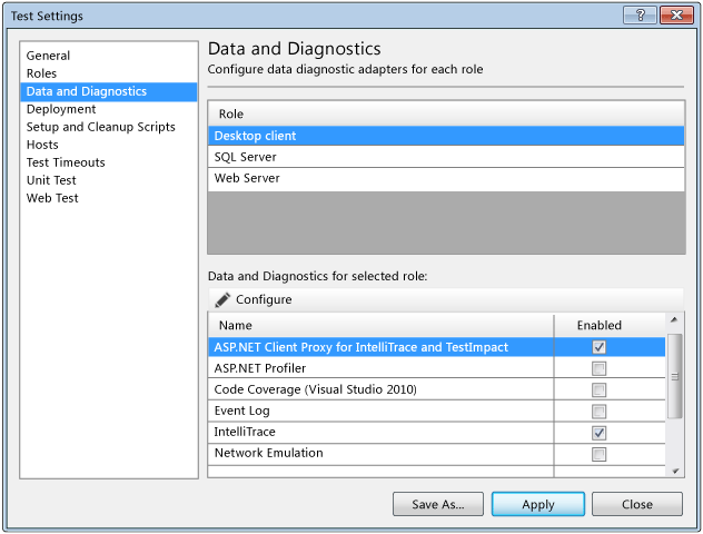 Test setting data and diagnostics