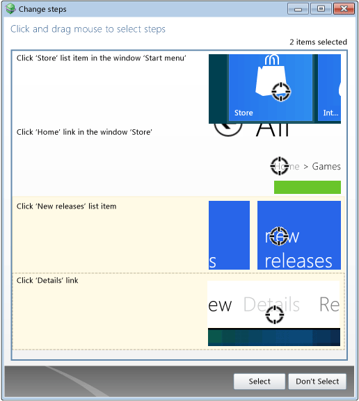 Selecting steps to include in bug