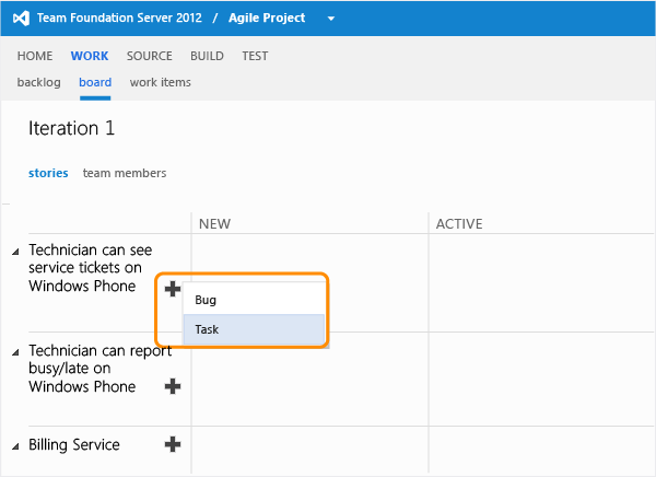 Task board with bug work item type added