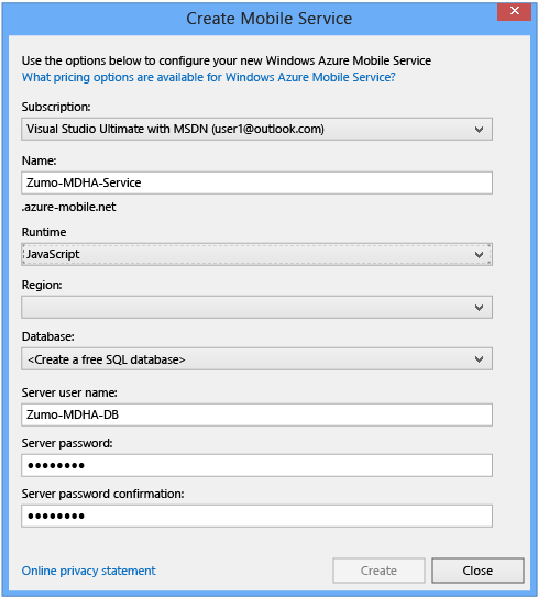 Create an Azure mobile service