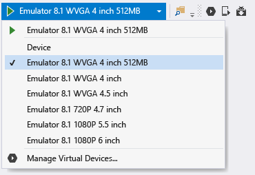 Selecting a Windows Phone emulator as a debug target