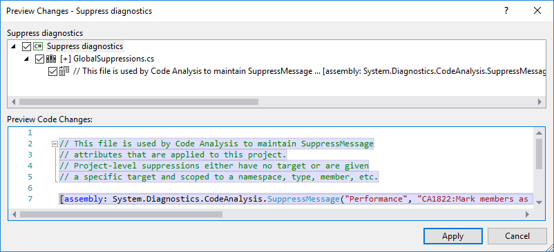 Preview of adding SuppressMessage attribute to suppression file