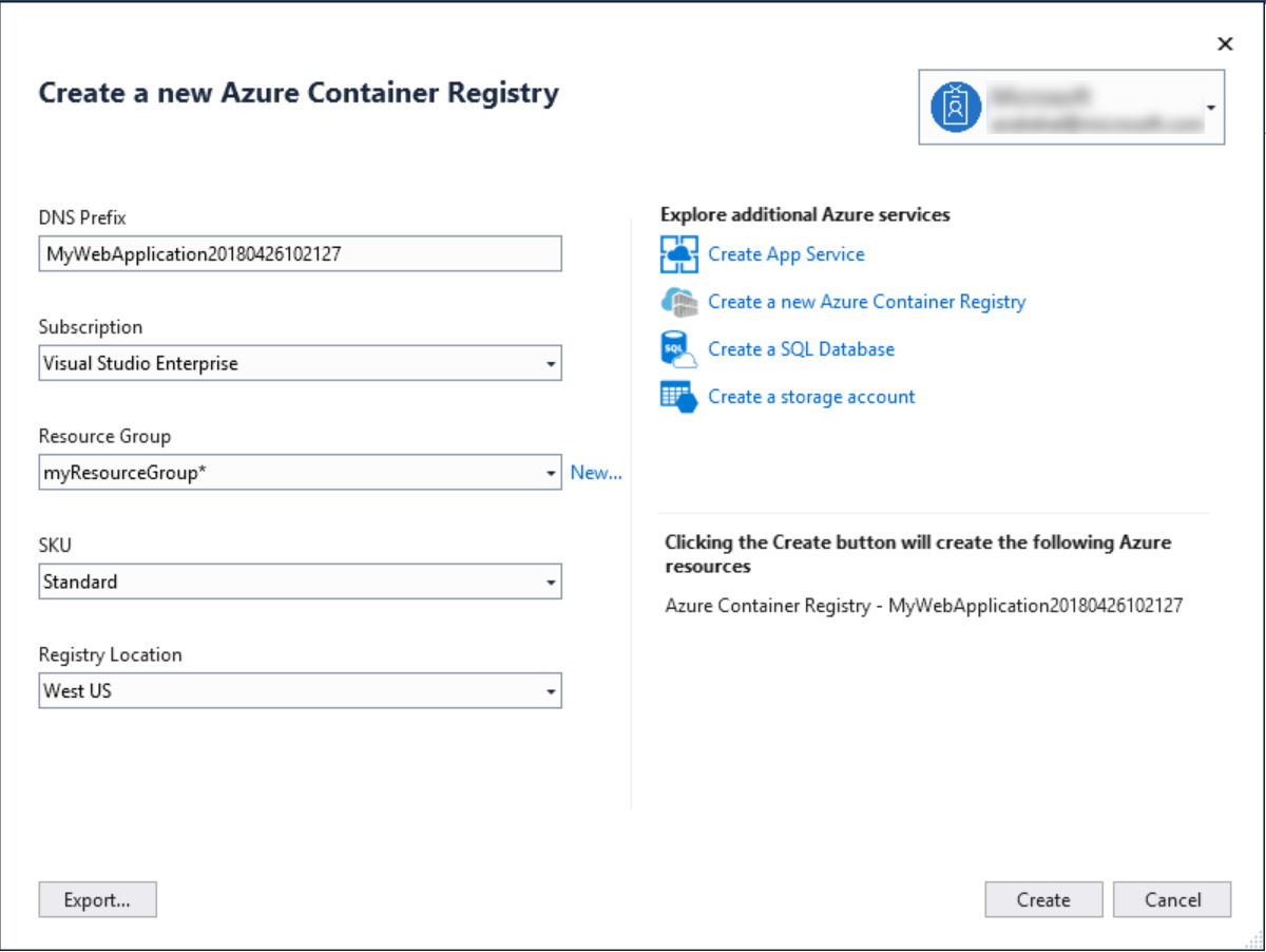 Screenshot of Visual Studio's create Azure Container Registry dialog.