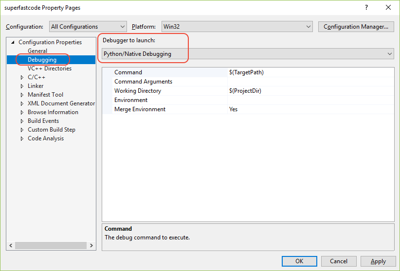 Selecting the Python/Native debugger in a C/C++ project