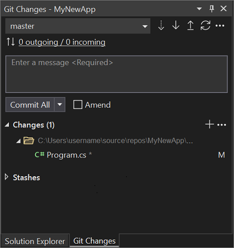 The Git Changes window in Visual Studio 2022.