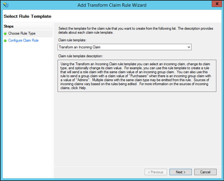 Screenshot that shows where to select Transform an Incoming Claim when you create a rule to issue an AD FS 1.x Name ID claim on Windows Server 2012 R2.