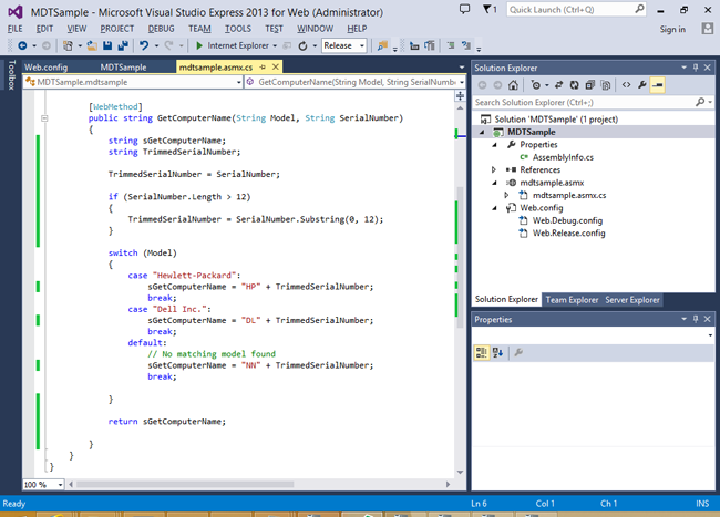 Screenshot of the Microsoft visual studio express 2013 for web window.