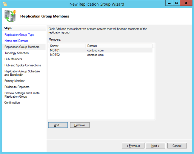 Screenshot of new replication group wizard.