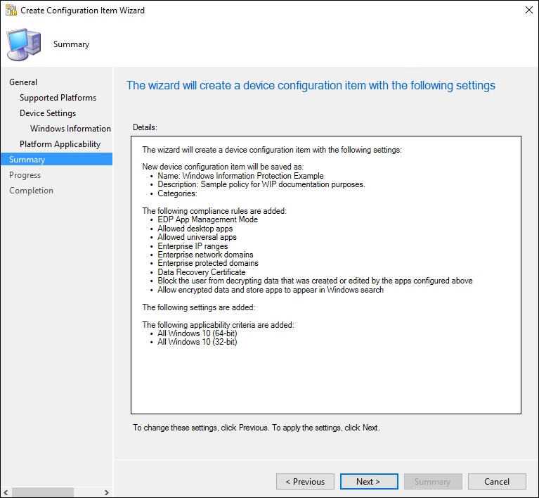 Create Configuration Item wizard, Summary screen for all of your policy choices.